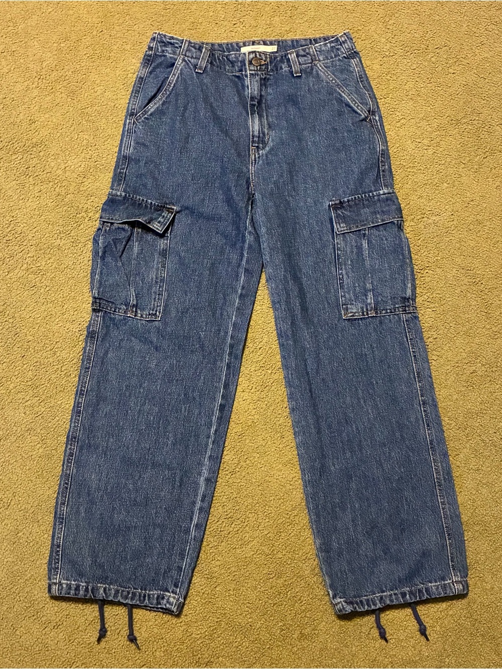 Levi's 94 Baggy Cargo Jeans Womens Actual 30x30 Blue Drawstring Hem Y2K Wide-Leg